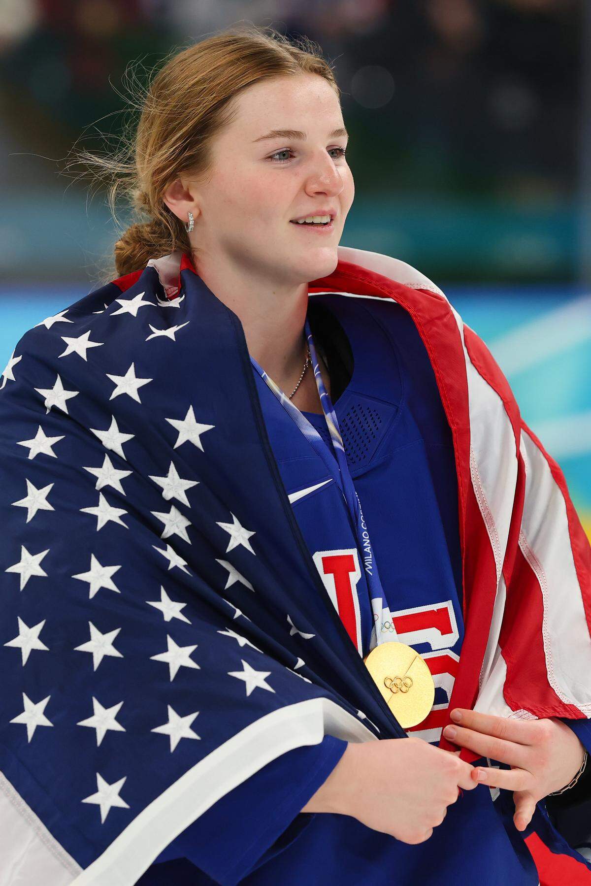 MILAN, ITALY - FEBRUARY 19: Gold medalist Ava McNaughton #30 of Team United States celebrates after the medal ceremony for the Ice Hockey Women following the Women's Gold Medal match between the United States and Canada on day 13 of the Milano Cortina 2026 Winter Olympic games at Milano Santagiulia Ice Hockey Arena on February 19, 2026 in Milan, Italy. (Photo by Gregory Shamus/Getty Images)