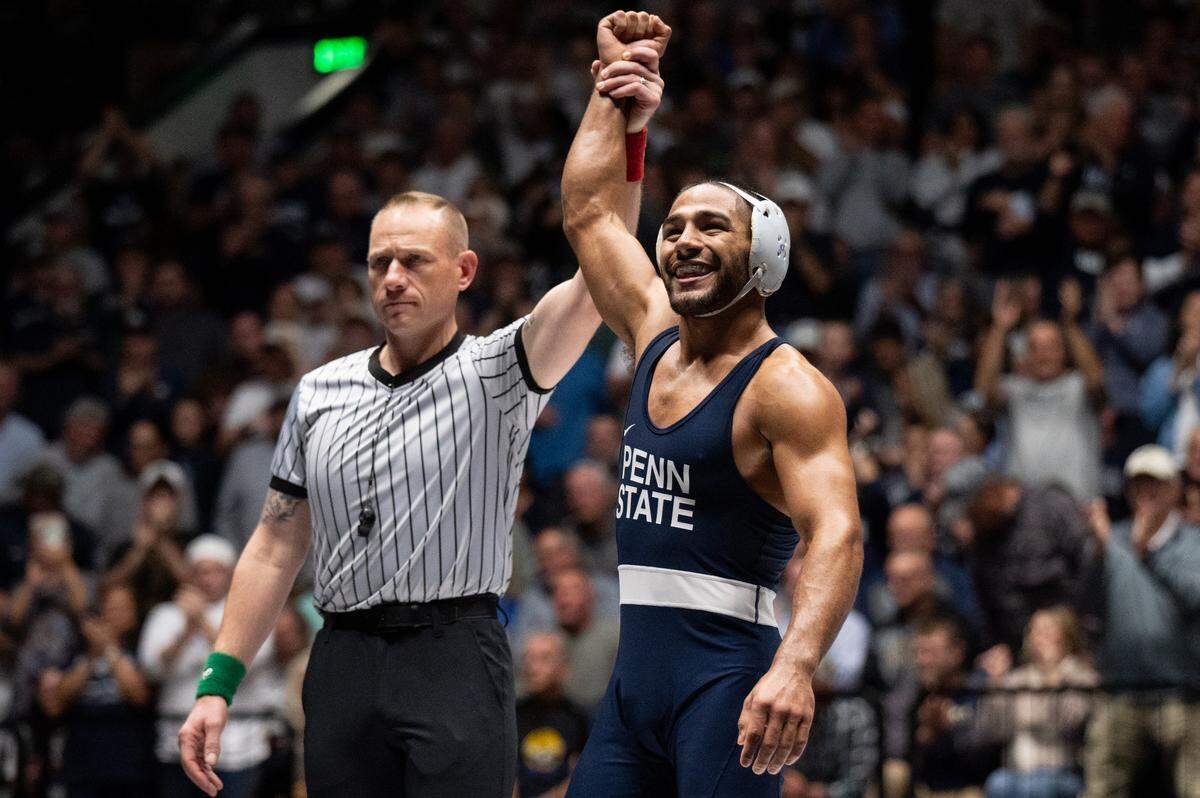 Shayne Van Ness Smiles after winning a 149-pound bout against Ty Watters during the NWCA All-Star Classic at Rec Hall on Saturday, Nov. 16, 2024. Van Ness won the bout 16-4.