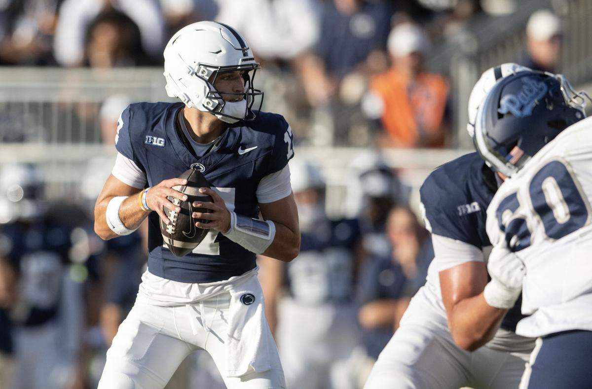 Penn State quarterback Ethan Grunkemeyer looks to make a pass during the game against Nevada on Saturday, Aug. 30, 2025 at Beaver Stadium.