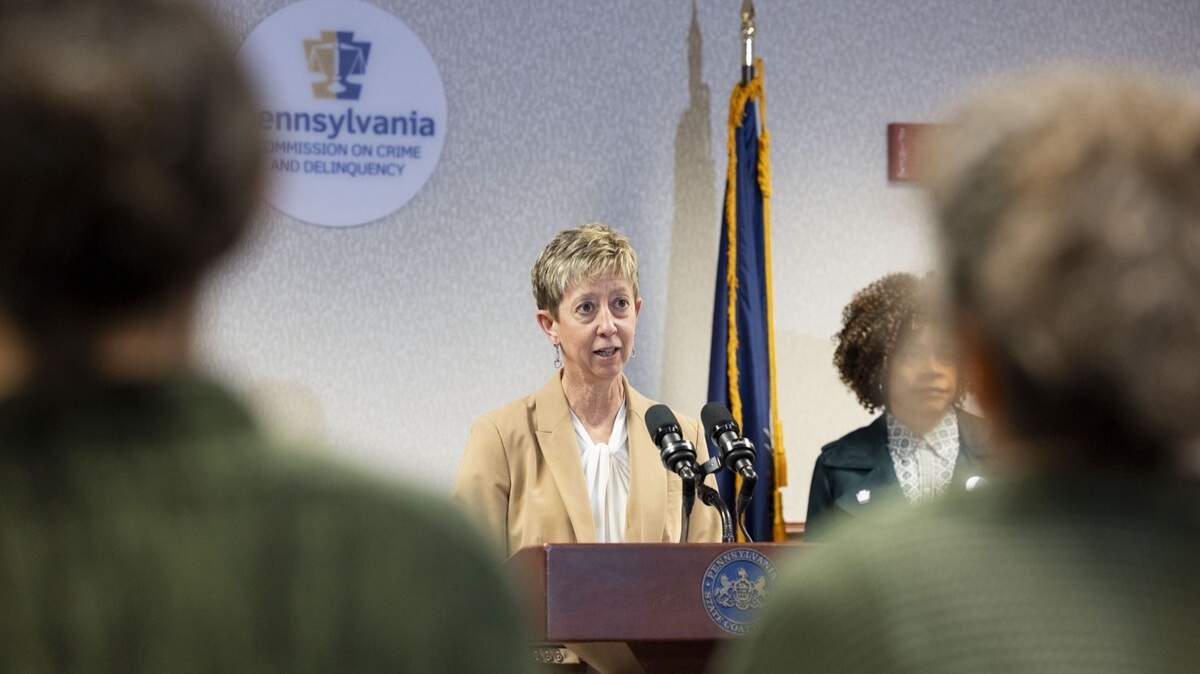 Kathy Buckley, Director of the Office of Victims’ Services, PA Commission on Crime and Delinquency, speaks at an event for National Crime Victims’ Rights Week, in Harrisburg, Pa. on April 10, 2025.