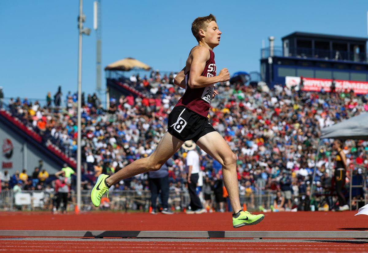 State College’s Nick Scoff competes in the boys Class 3A 1600 meter run finals during the PIAA State Track and Field Championships held Friday at Seth Grove Stadium on the Shippensburg University campus in Shippensburg.