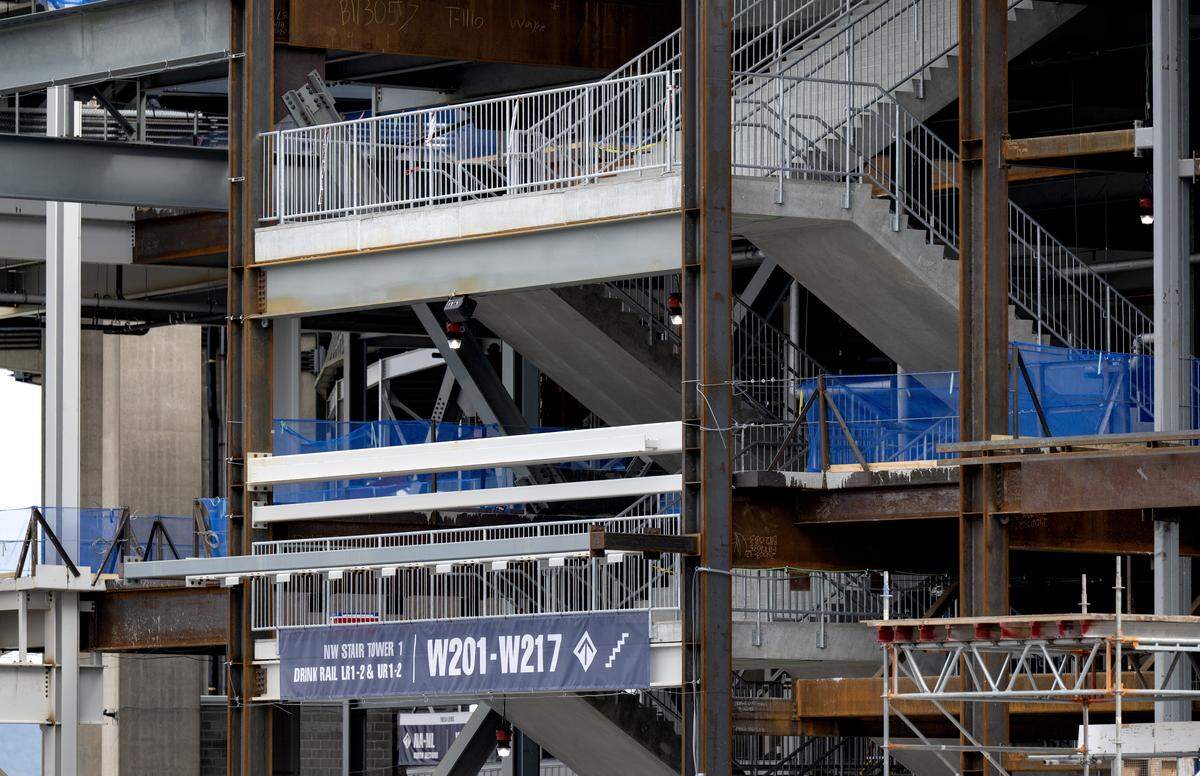 Signage to the temporary stands on the west side of Beaver Stadium are pictured on Tuesday, Aug. 19, 2025.  