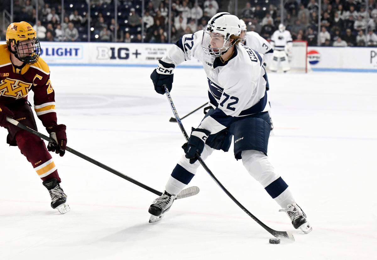 Penn State's Gavin McKenna takes a shot during the game against Minnesota on Wednesday, March 11, 2026 at Pegula Ice Arena.