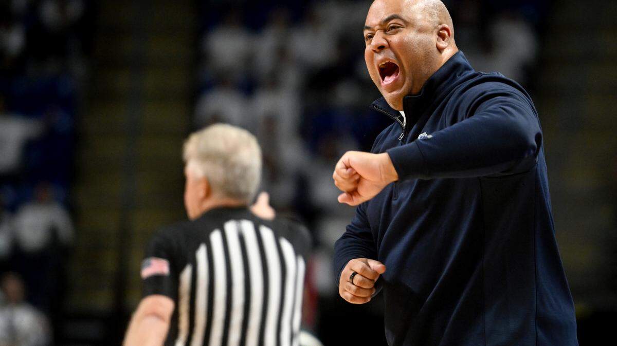 Penn State men’s basketball coach Micah Shrewsberry yells to the officials during the game against Michigan State on , Dec. 7.
