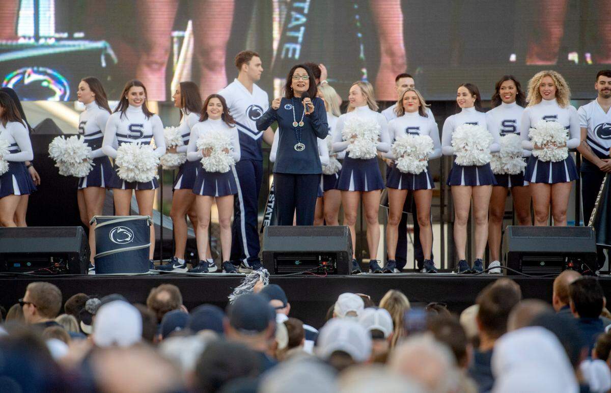 Penn State President Neeli Bendapudi speaks during the pep rally at LA Live hosted by the Penn State Alumni Association on Sunday, Jan. 1, 2023.