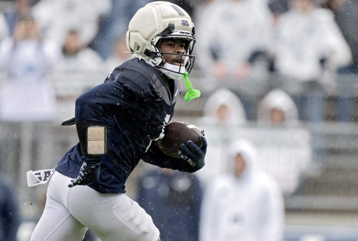 Penn State wide receiver Koby Howard makes a catch during Blue-White Practice on Saturday, April 25, 2026.  