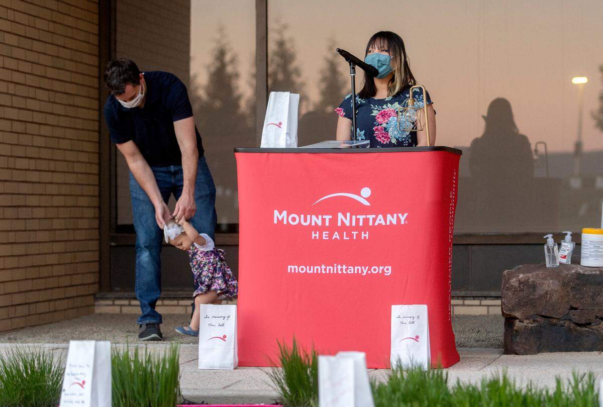 Susan Alters, who was treated for COVID-19 at Mount Nittany Medical Center when she was 34 weeks pregnant, shares her story during the “Luminary Reflection: An evening of Recognition, Remembrance, Gratitude and Hope,” event on Monday.