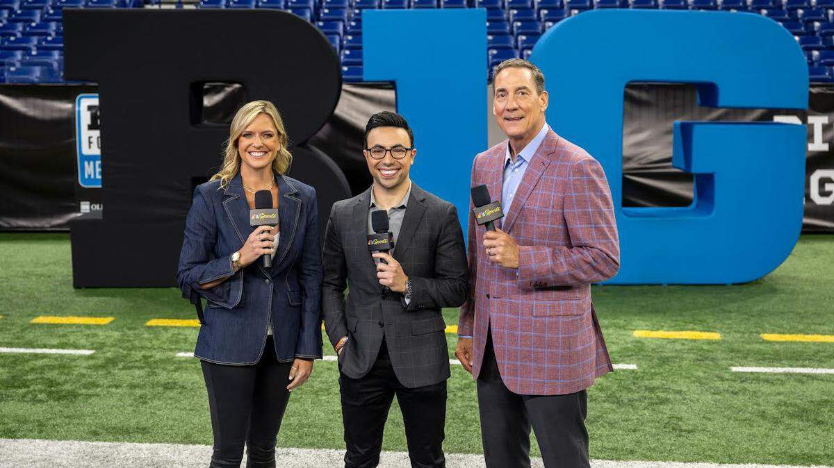 Sideline reporter Kathryn Tappen, left, play-by-play man Noah Eagle and analyst Todd Blacklege represent the on-air team for “Big Ten Saturday Night” on NBC.