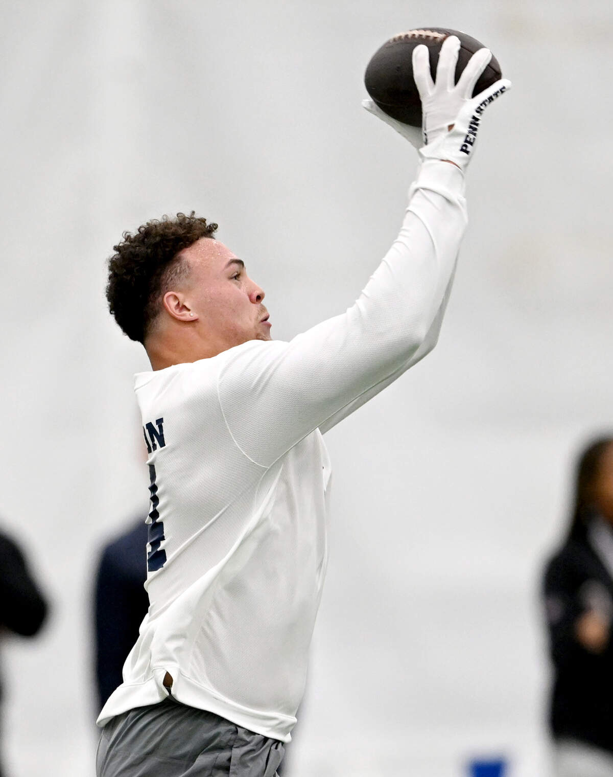 Tight end Theo Johnson makes a catch as he runs routes during Penn State’s Pro Day on Friday, March 15, 2024 in Holuba Hall.