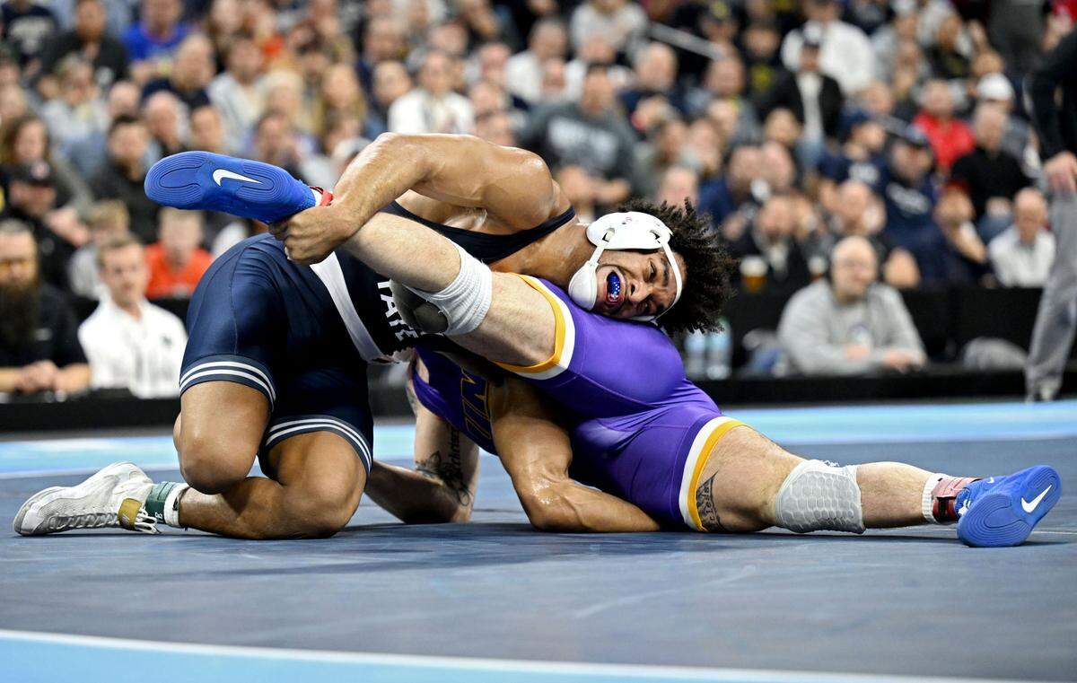 Penn State’s Carter Starocci controls Northern Iowa’s Parker Keckeisen in the 184-pound championship bout of the 2025 NCAA Wrestling Championships at the Wells Fargo Center in Philadelphia on Saturday March 22, 2025.  