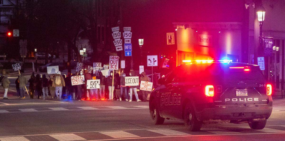 Bellefonte police guide an anti-ICE protest off of the road in Bellefonte on Wednesday, March 18, 2026. 