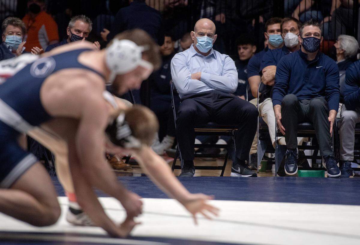 Penn State wrestling coach Cael Sanderson watches Brady Berge in his 157 lb bout of the match against Rider on Sunday, Feb. 20, 2022.