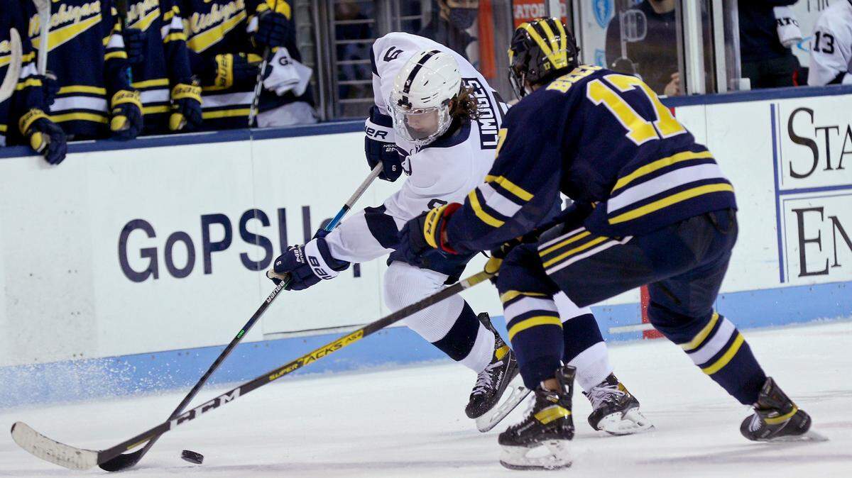Penn State’s Alex Limoges (9) against Michigan in the third period on Dec. 2, 2020. The Nittany Lions fell to No. 7 Michigan, 3-1. Photo/Craig Houtz