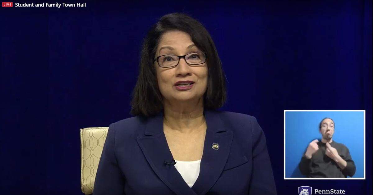 Penn State President Neeli Bendapudi speaks during Wednesday’s second virtual town hall, which was geared toward students and parents. The first focused on questions from faculty and staff.