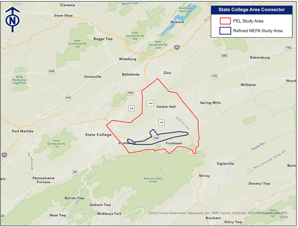 The SCAC initial study area encompassed 70 square miles of southern Centre County, including portions of Potter, Spring, Harris, College and Benner townships, and the Centre Hall Borough. The refined study area is much smaller.