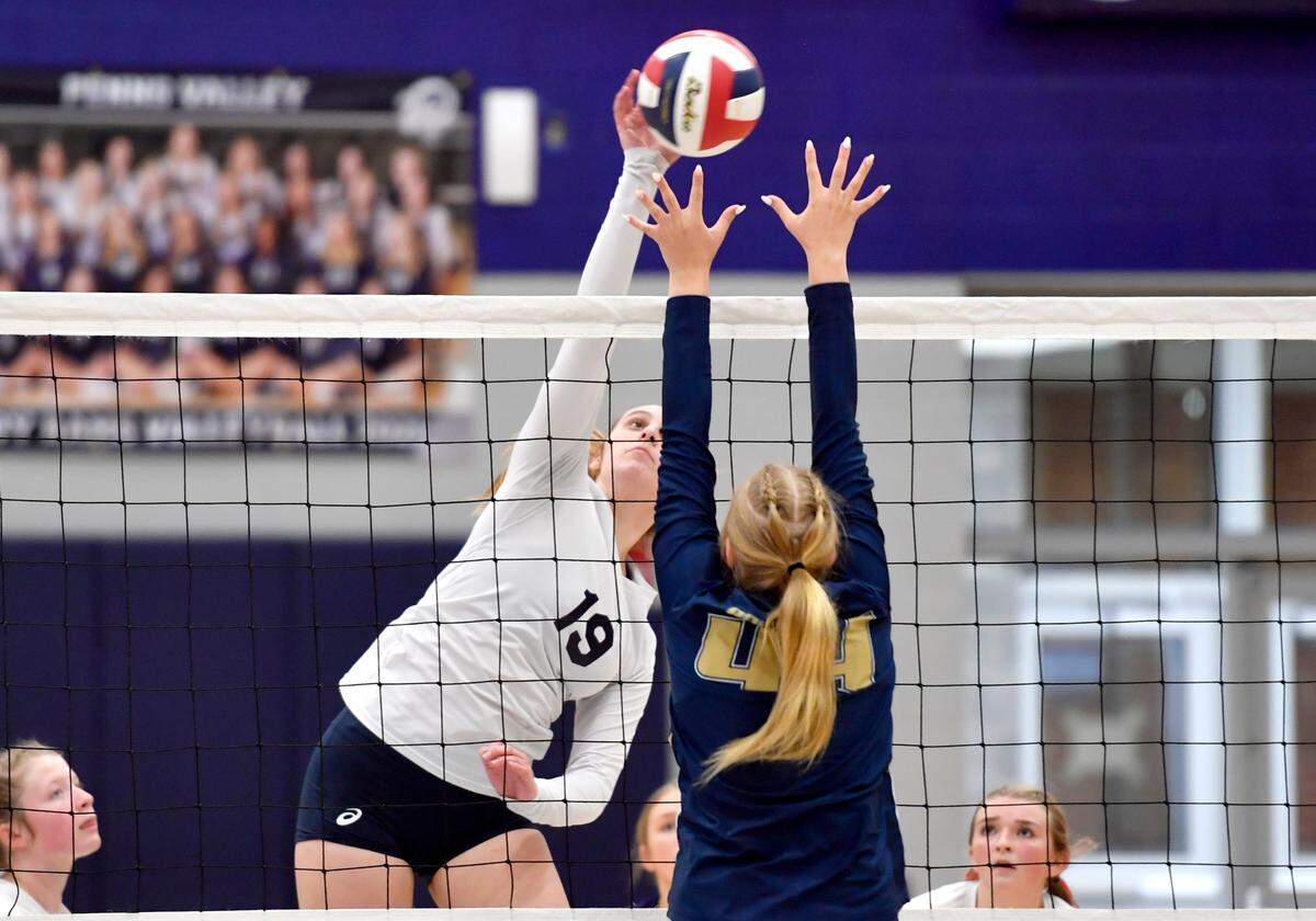 Penns Valley’s Cameron Upcraft hits the ball over a Bald Eagle Area defender during the match on Wednesday, Oct. 20, 2021.