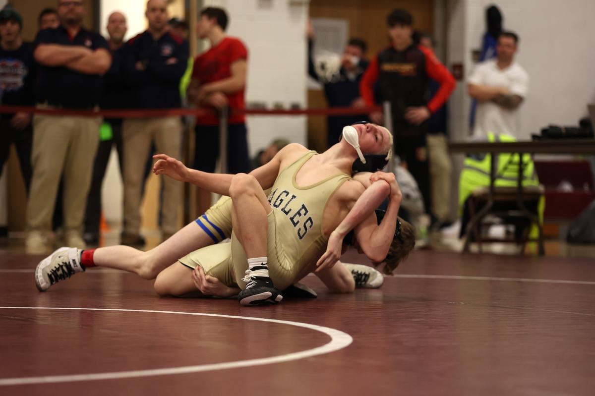 Bald Eagle Area’s Tanner Guenot attempts to escape from Chestnut Ridge’s Dominic Deputy in their 107-pound finals match of the PIAA Class 2A Southwest Regional Championships on Saturday, March 2, 2024 in Altoona. Deputy defeated Guenot, 1-0.