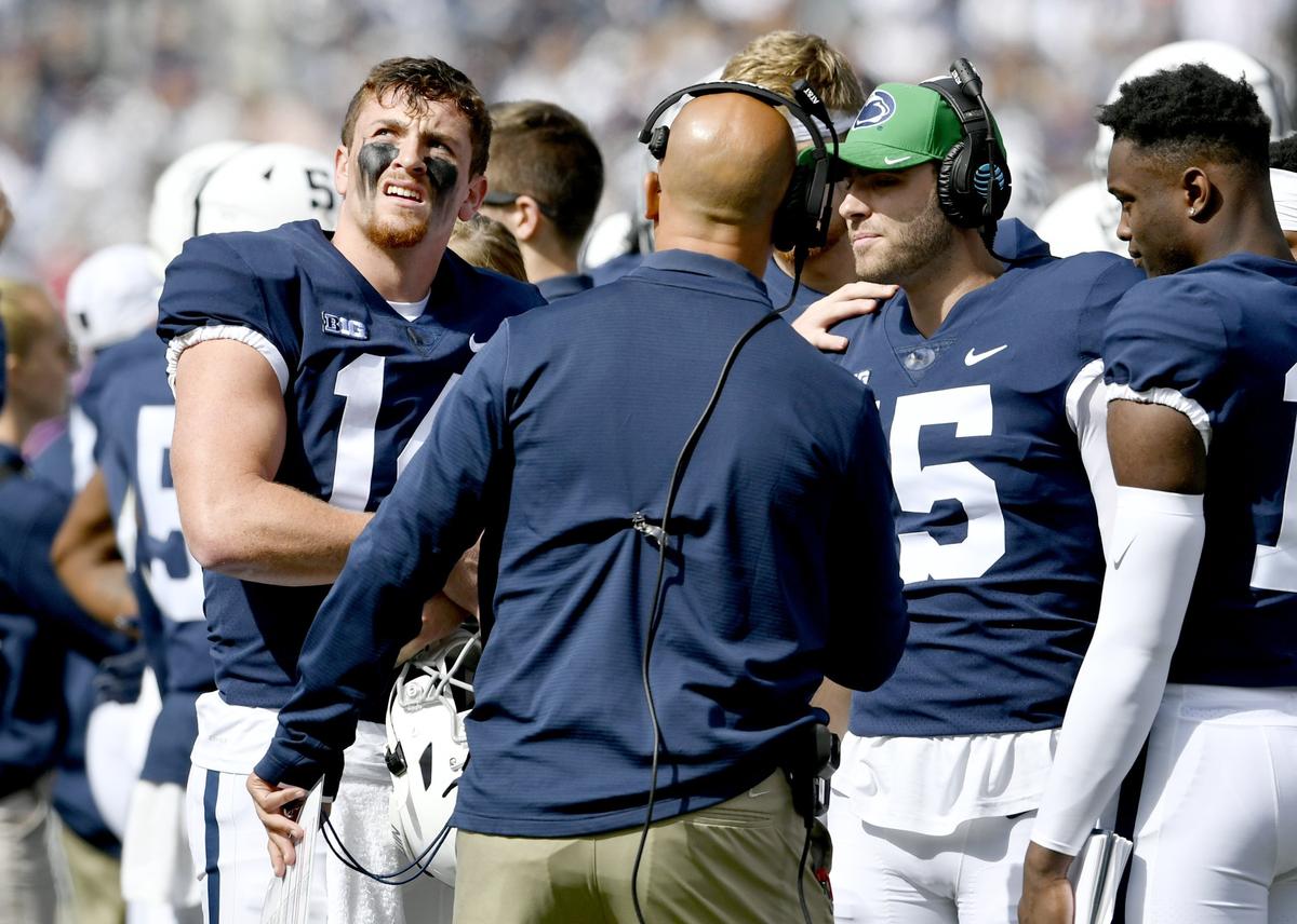 Penn State quarterback Sean Clifford watches the replay on the scoreboard as a call is reviewed during the game against Purdue on Saturday Oct. 5, 2019.