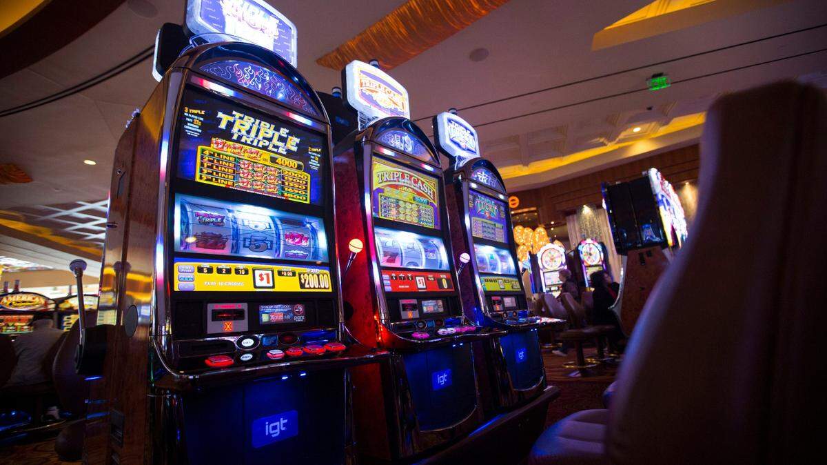 A row of slot machines on the gaming floor of Parx Casino in Bensalem Township, Bucks County, Pennsylvania.