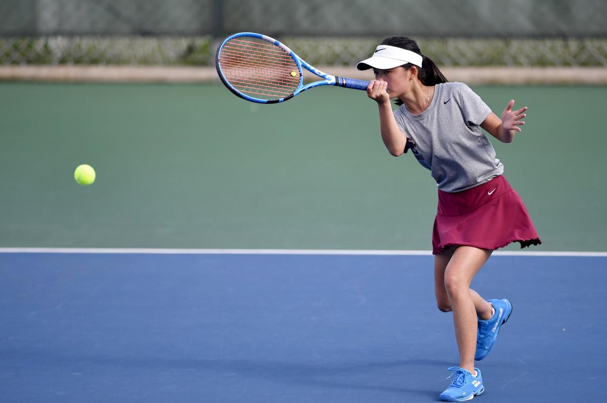 State College’s Emily Zhang returns the ball during her match against Central Dauphin East on Wednesday, August 28, 2019.