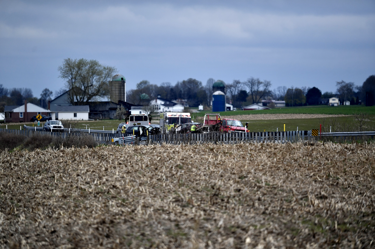 Emergency responders work at the scene of a crash that closed state Route 64 on Wednesday, April 27, 2022.