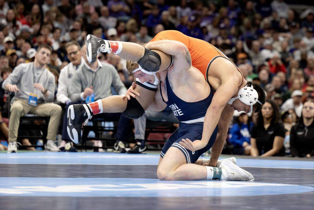Penn State's Josh Barr controls Oklahoma State’s Cody Merrill in the 197-pound championship bout at the NCAA wrestling championships on Saturday, March 21, 2026.