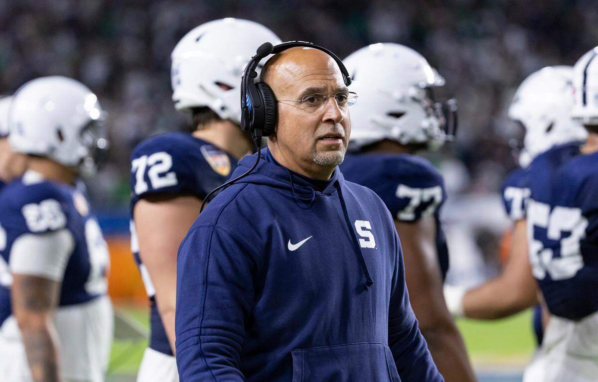 Penn State Nittany Lions head coach James Franklin looks on as his team plays against Notre Dame Fighting Irish in the first half of their NCAA Playoff Semifinal Capital One Orange Bowl football game at Hard Rock Stadium on Thursday, Jan. 9, 2025, in Miami Gardens, Fla.