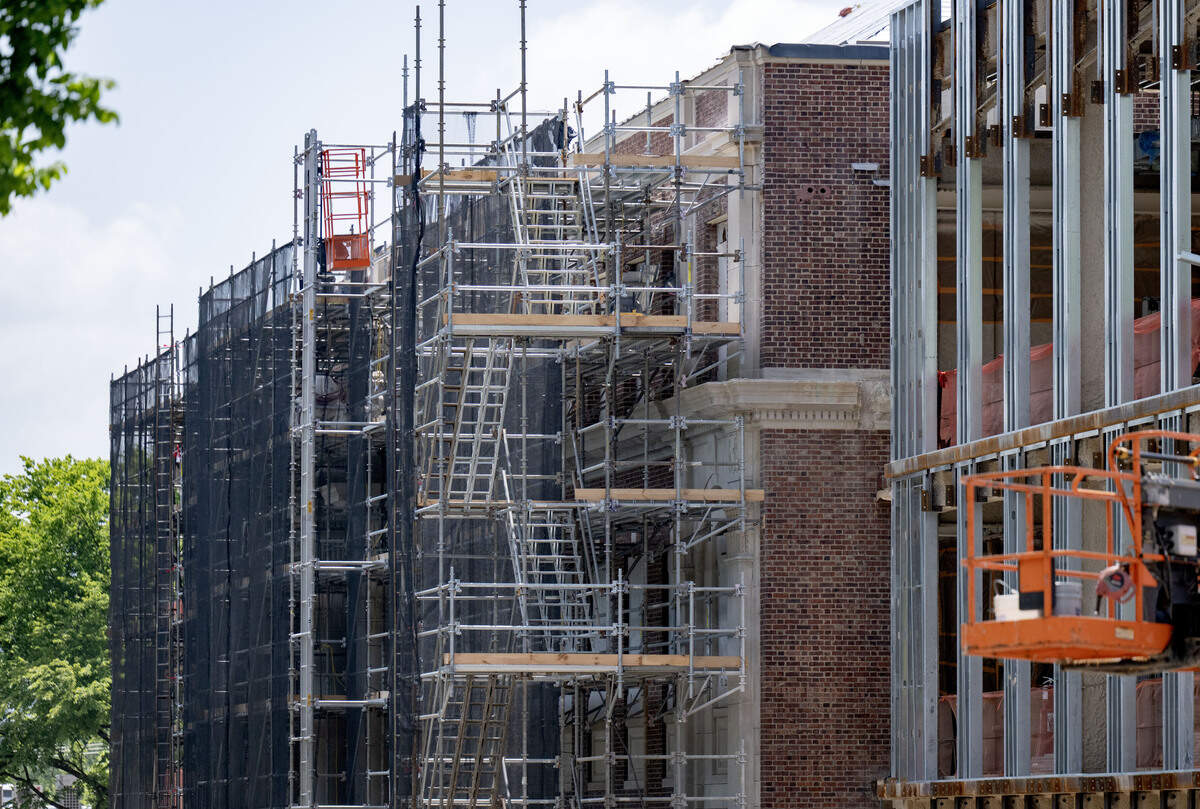 Scaffolding around the Sackett Building as renovations continue on Thursday, July 2, 2026.