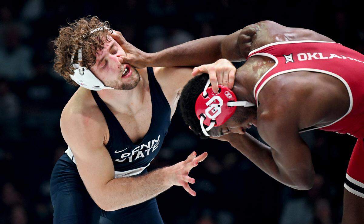 Oklahoma’s DJ Parker tries to push away Penn State’s Connor Mirasola during their 197 lb bout of the match on Friday, Nov. 14, 2025 at the Bryce Jordan Center.