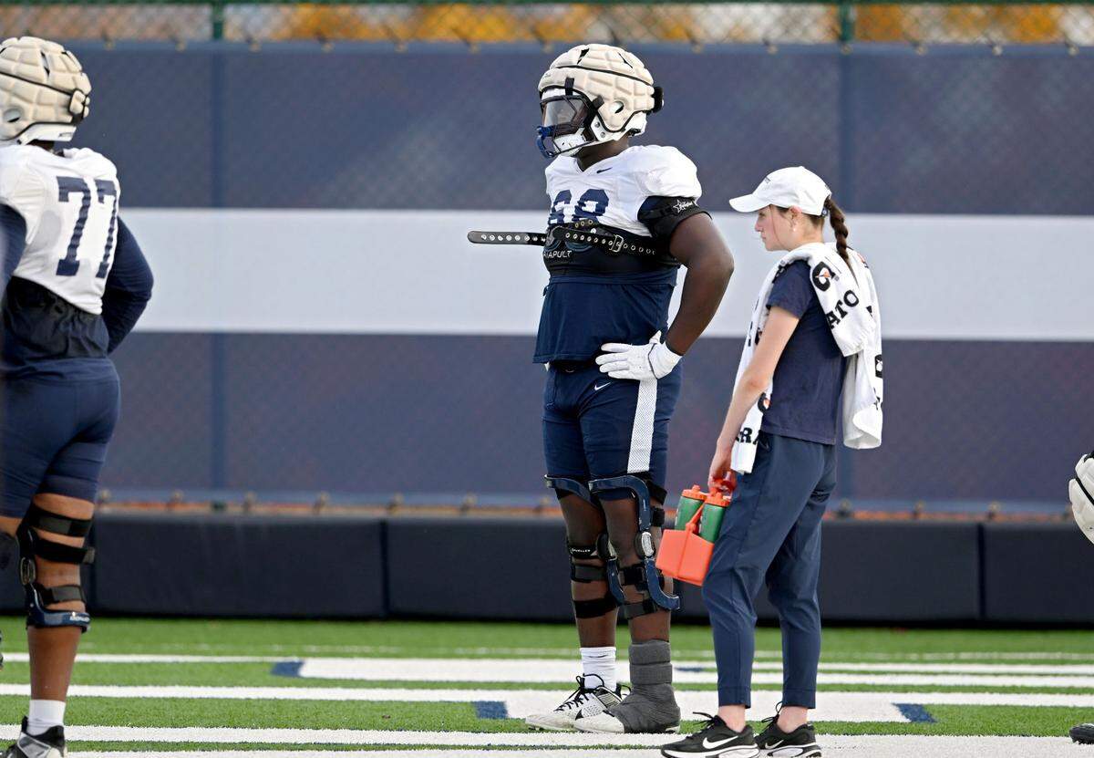 Penn State offensive lineman Anthony Donkoh watches teammates run a drill during practice on Wednesday, Oct. 30, 2024.