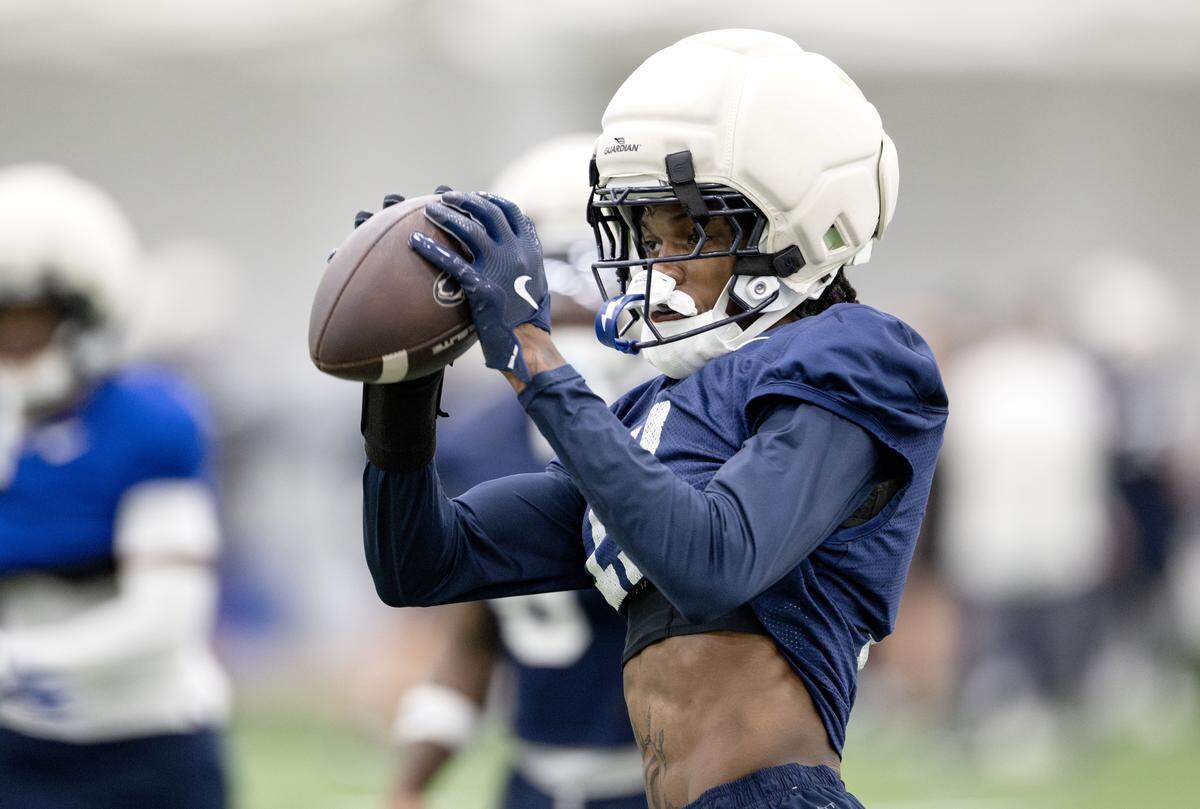 Penn State wide receiver Lyrick Samuel makes a catch during spring practice on Thursday, March 26, 2026.  