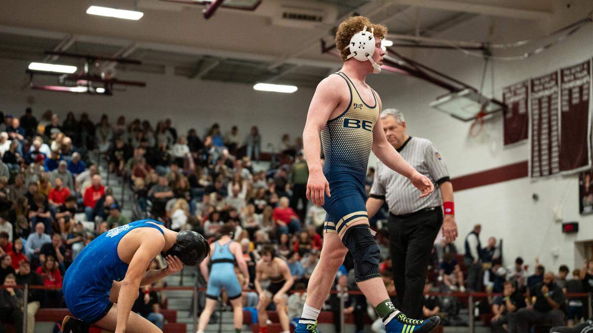 Bald Eagle’s Dawson Lomison, right, walks away from his opponent during the Class 2A Southwest Regional at Altoona Area High School in Altoona, Pa., on Friday, Feb. 27, 2026.