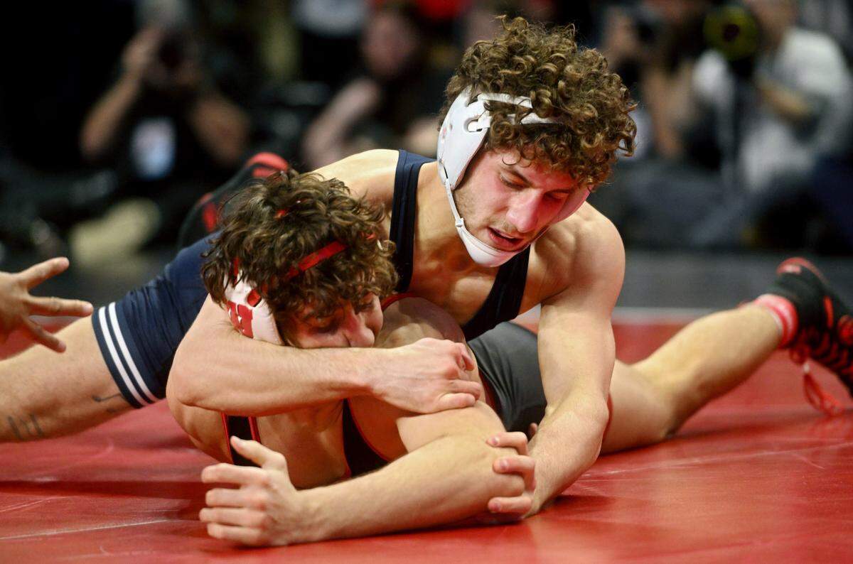 Penn State’s Mitchell Mesenbrink controls Wisconsin’s Dean Hamiti in the 165 lb championship bout of the Big Ten Wrestling tournament at the Xfinity Center at the University of Maryland on Sunday, March 10, 2024.