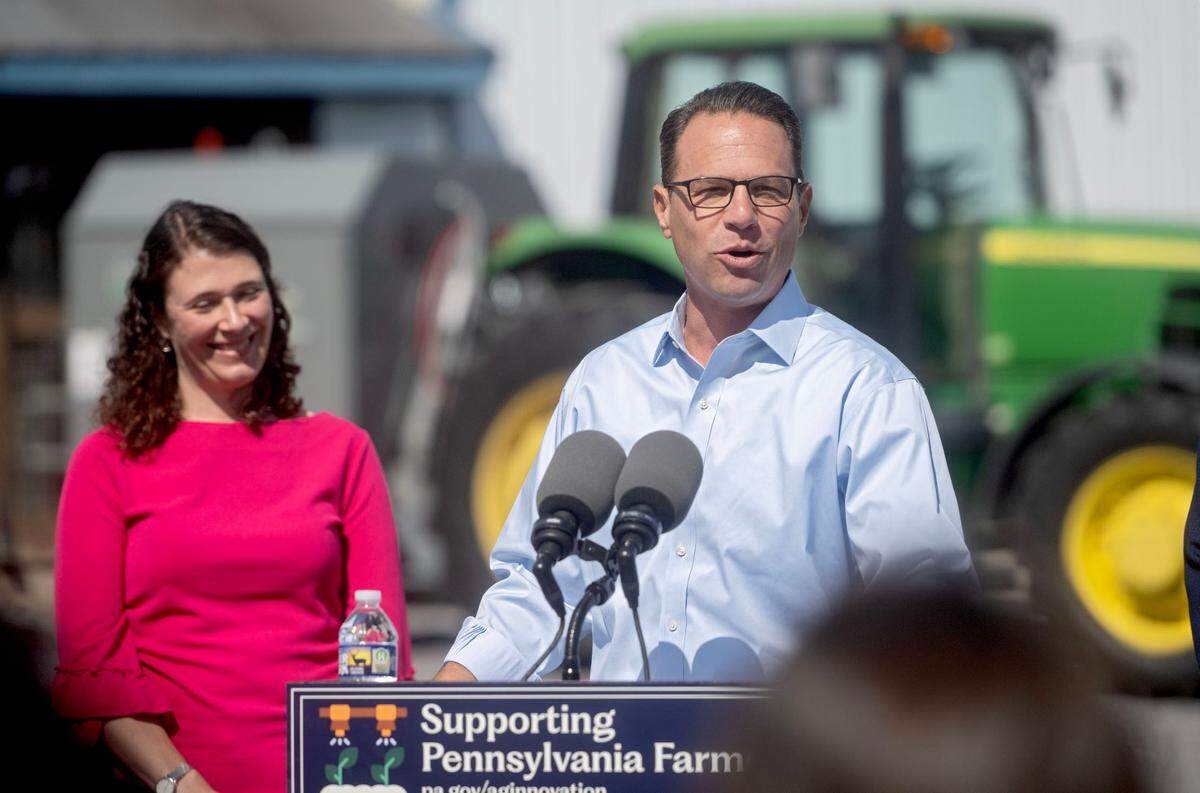 Pennsylvania Governor Josh Shapiro talks about the new agriculture innovation grant program during a ceremonial bill signing event at Penn State’s Dairy Research and Teaching Complex on Monday, Sept. 16, 2024.