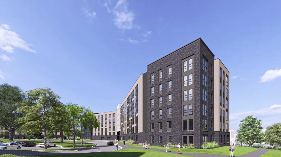 A rending of building three, one of the four residence halls proposed for the southeast corner of Hastings Road and University Drive on the Penn State University Park campus. The project is a public-private partnership between Penn State and Greystar Development East.