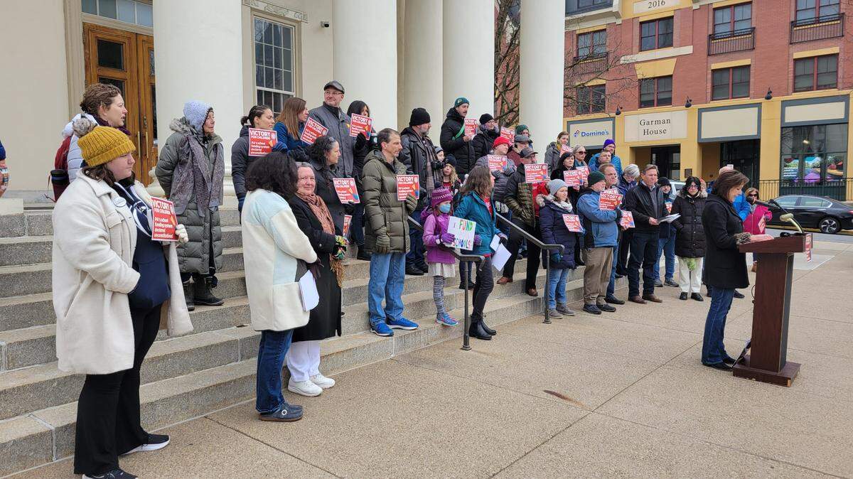 Bellefonte Area School District board member Donna Smith addresses the crowd on Saturday, Feb. 25, 2023, gathered for rally to celebrate the recent fair funding court ruling.