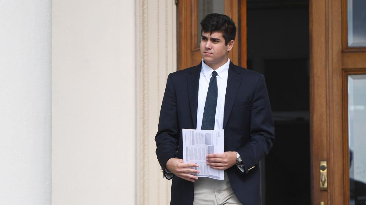 Former Beta Theta Pi brother Craig Heimer walks out of the Centre County Courthouse on Sept. 19, 2018.