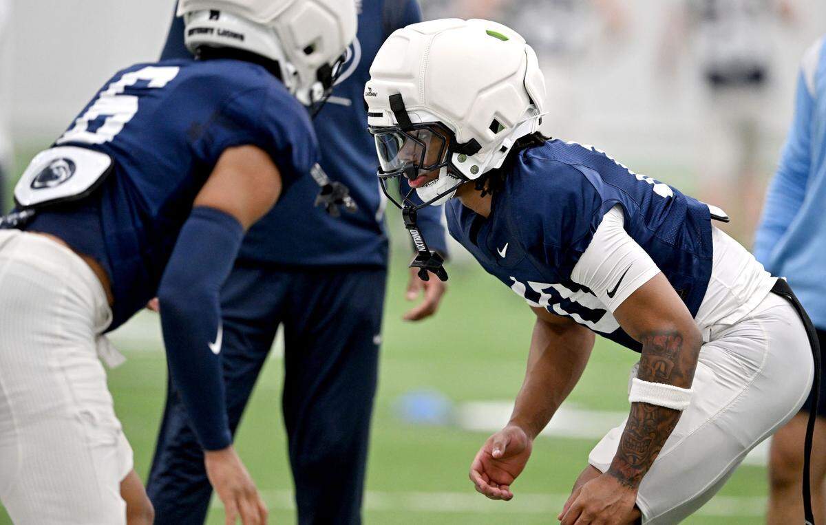 Penn State safety Dejuan Lane lines up for a drill during spring football practice on Tuesday, April 1, 2025.
