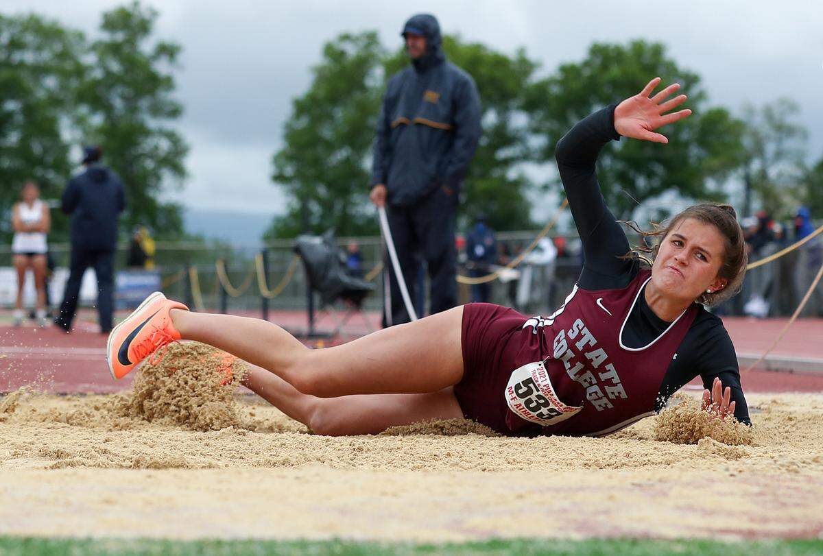 State College’s Shannon Mullin competes in the girls Class 3A triple jump finals during the PIAA State Track and Field Championships held Saturday, May 29, 2021, at Seth Grove Stadium on the Shippensburg University campus in Shippensburg, PA.
