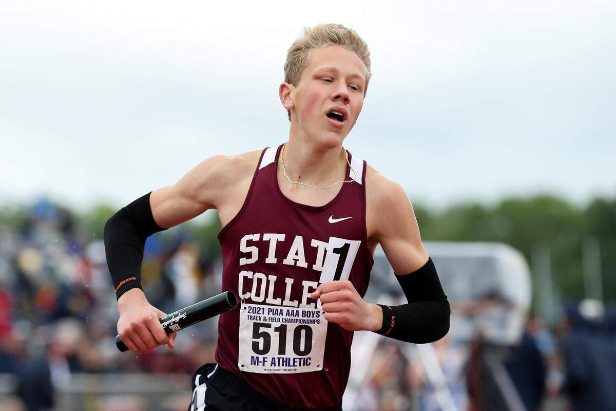 State College’s Brady Bigger runs the anchor leg in the boys Class 3A 4x800 meter relay finals during the PIAA State Track and Field Championships held Saturday, May 29, 2021, at Seth Grove Stadium on the Shippensburg University campus in Shippensburg, PA.