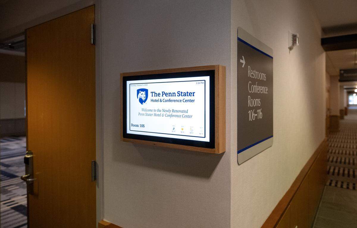 New digital signs at the conference rooms around the Penn Stater Hotel and Conference Center on Thursday, Oct. 9, 2025.  