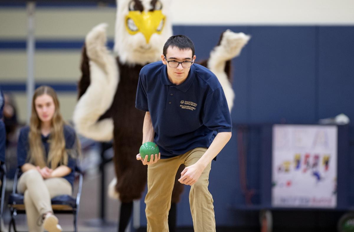 Bald Eagle Area’s Jack Nesmith takes his turns during the unified bocce match against State College on Thursday, Feb. 7, 2019.