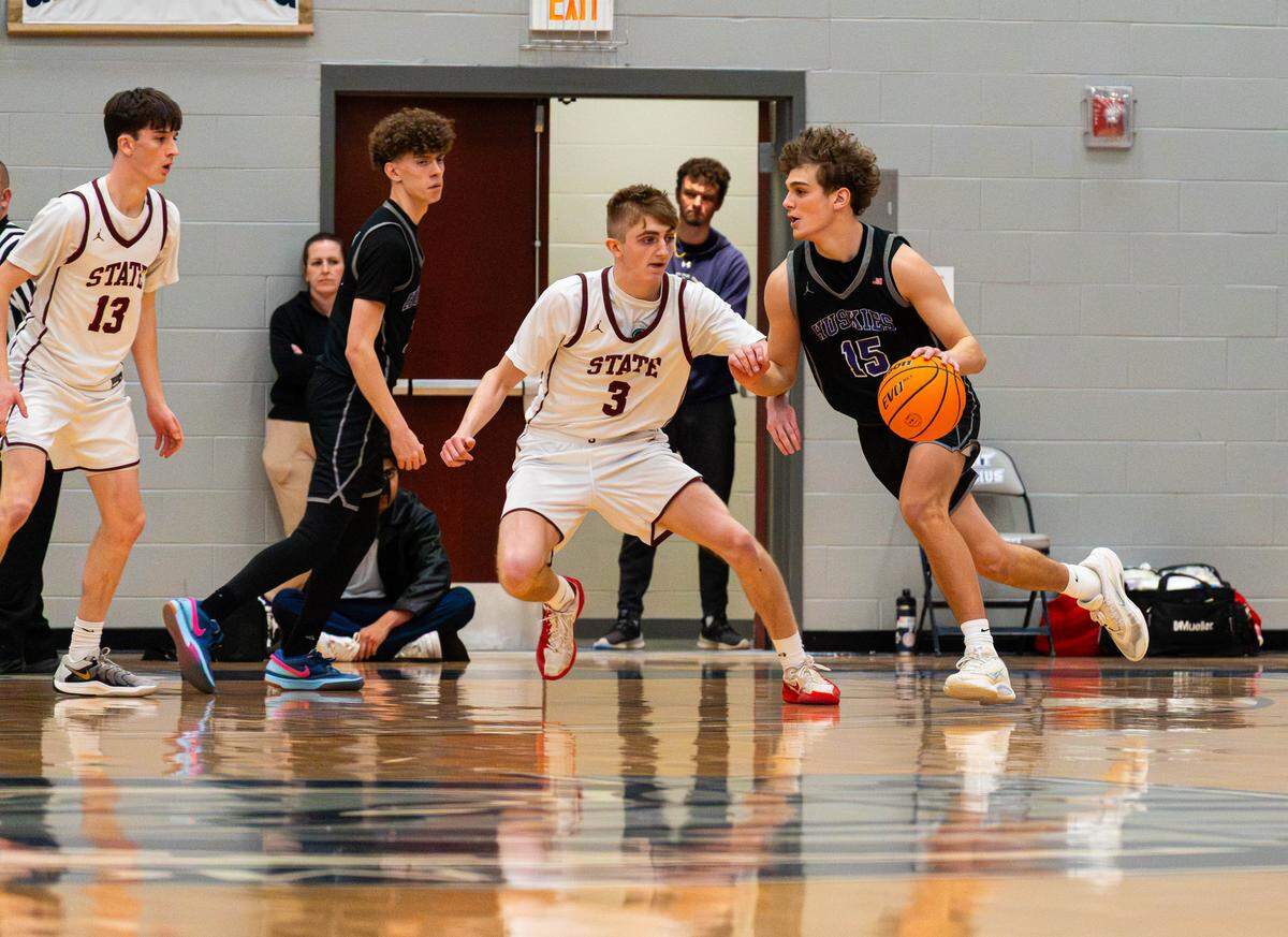 Mifflin County senior Josh Hartzler drives into the paint during a game against State High at Altoona on Feb. 19, 2026. The Little Lions defeated the Huskies 53-45.