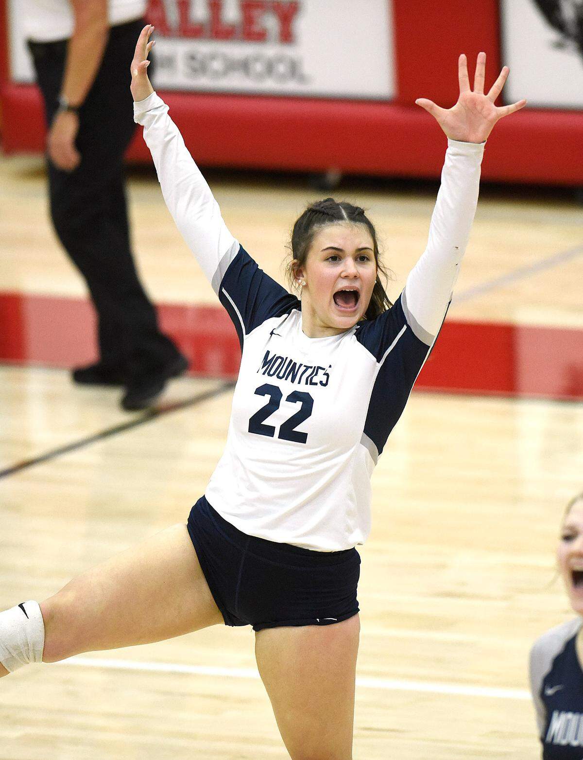 Philipsburg-Osceola ‘s Madison Lumadue celebrates a point. The Philipsburg-Osceola girls volleyball team won the PIAA Class 2A state championship Saturday at Cumberland Valley in Mechanicsburg. P-O defeated Trinity 3-1.
