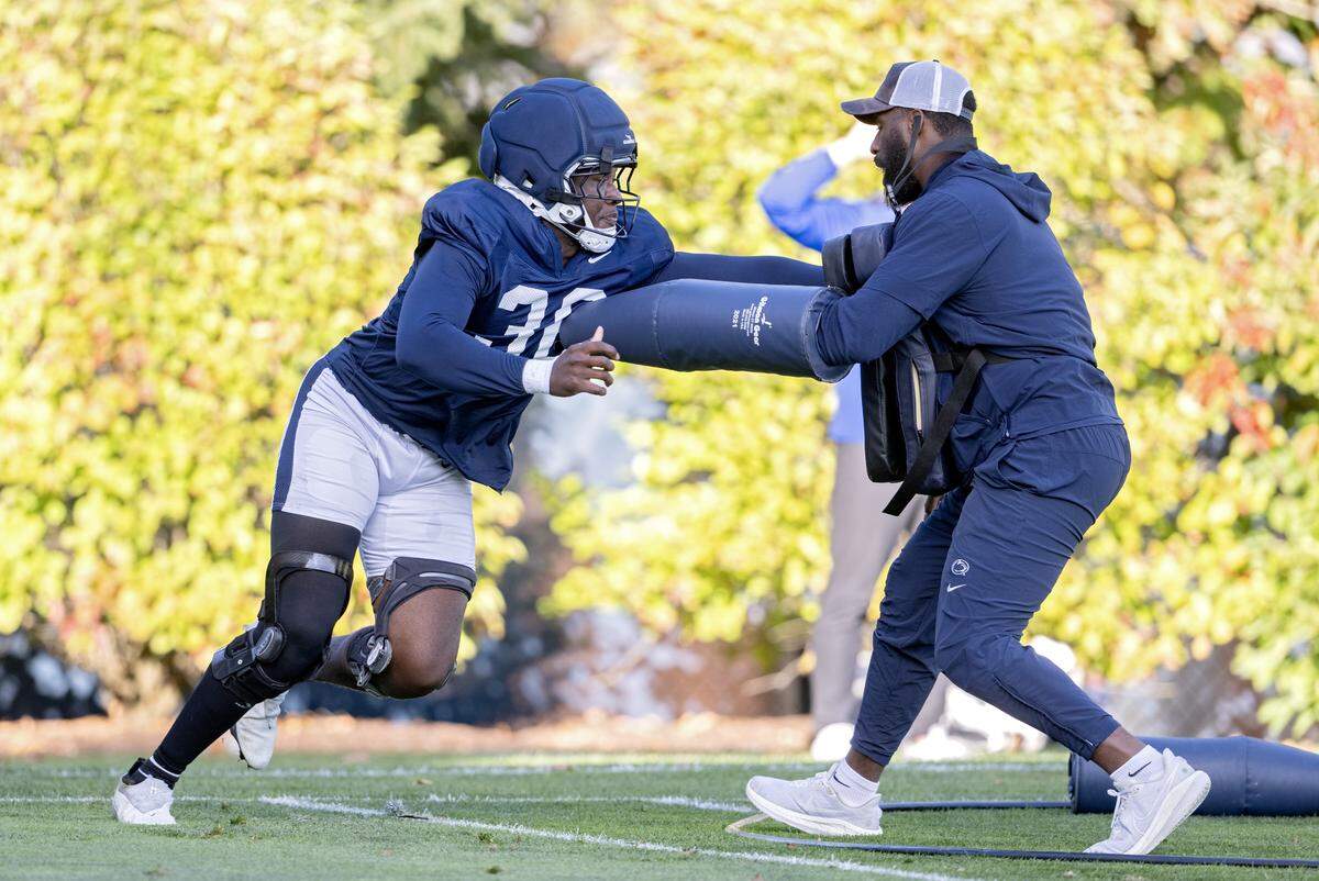 Penn State linebacker Kari Jackson runs a drill during practice on Wednesday, Oct. 8, 2025.  
