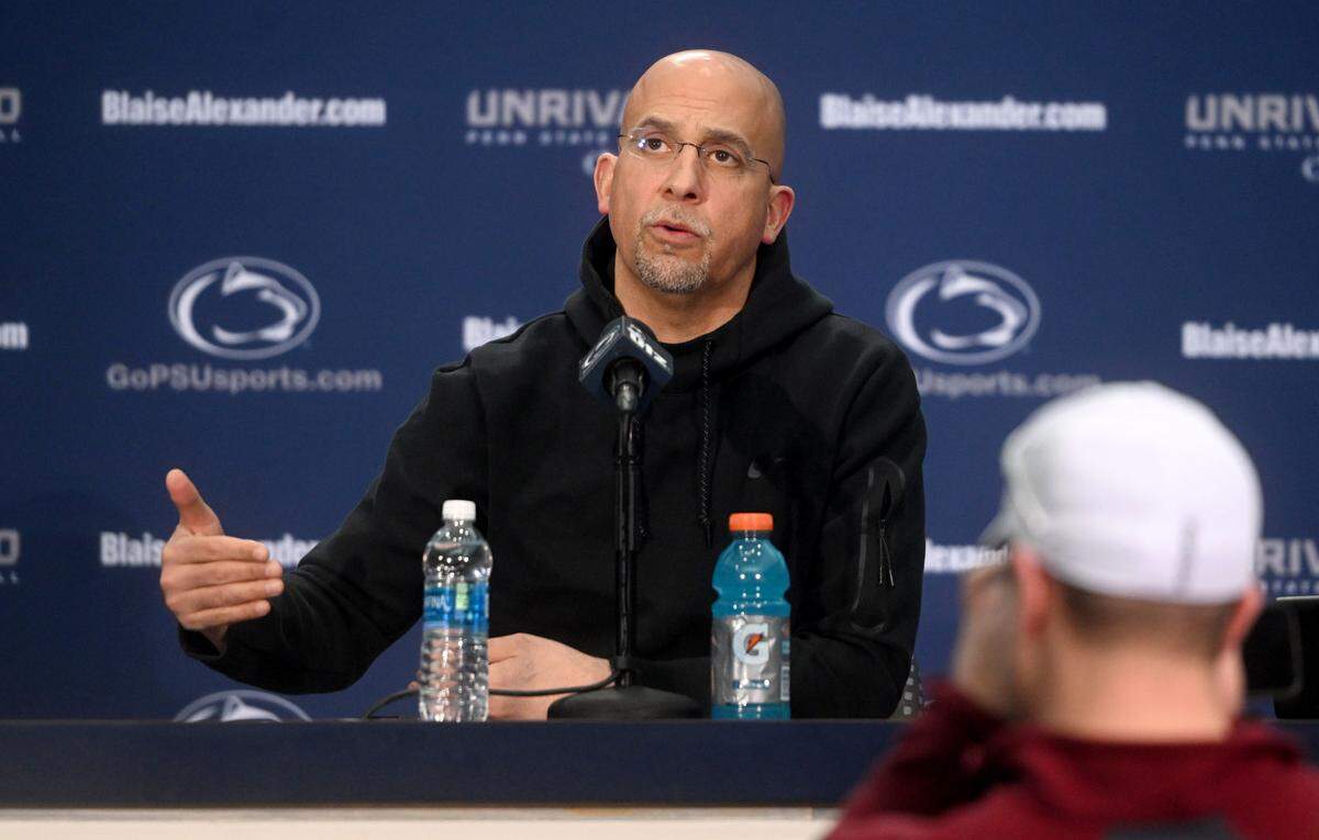 Penn State football coach James Franklin answers a question Tuesday about the new coaches he’s hired during a media availability.