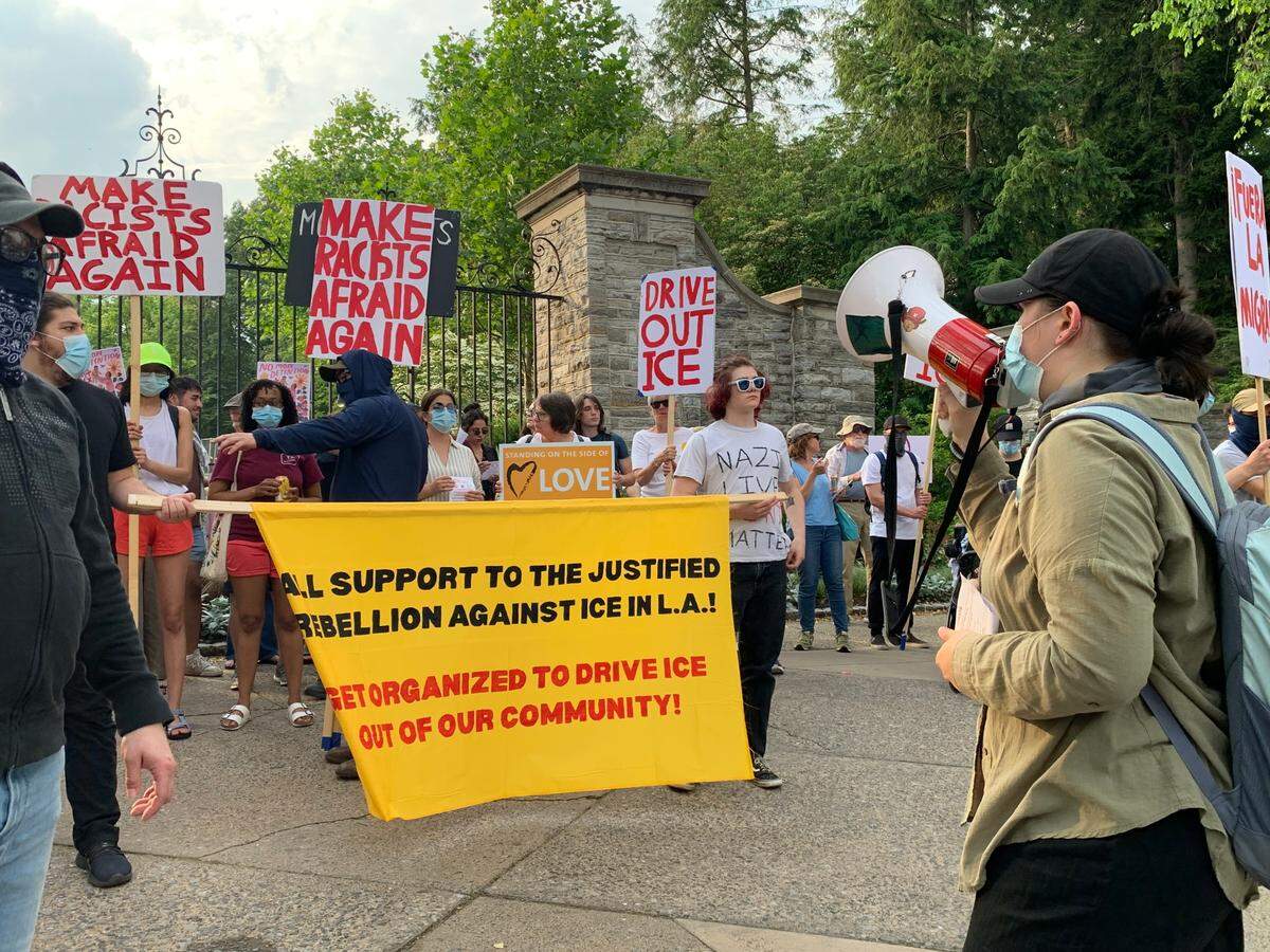 A group of anti-ICE protesters gather at the Allen Street Gates in State College on Thursday, June 12, 2025.