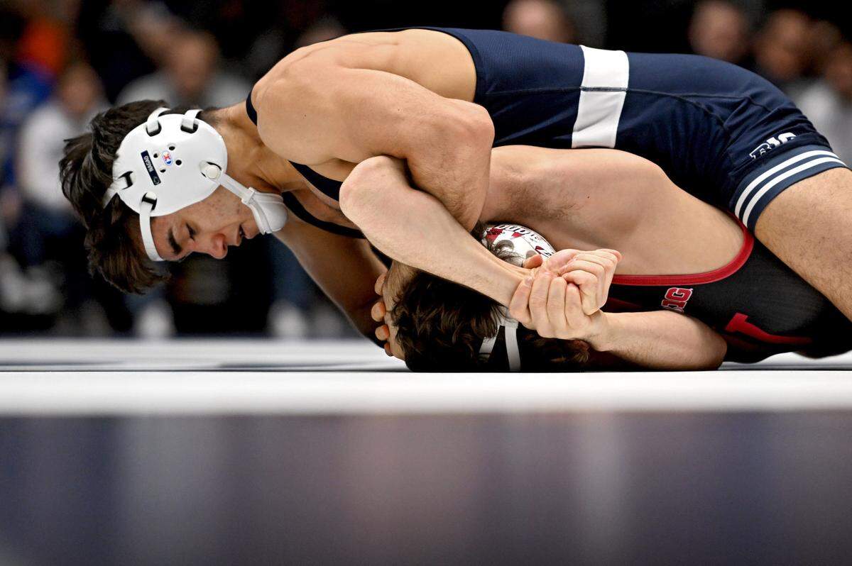 Penn State’s Aaron Nagao controls Indiana’s Isaac Thornton in the 133 lb bout of the match on Sunday, Jan. 14, 2024 at Rec Hall.