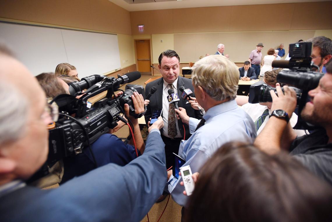 Penn State trustee Anthony Lubrano speaks to reporters after a board of trustees meeting regarding the Freeh report Friday, June 29, 2018 at the Penn Stater.