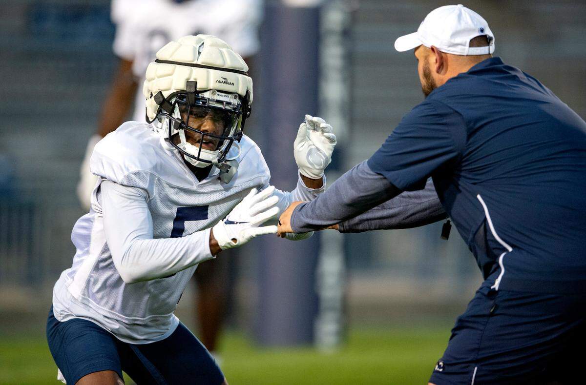 Penn State wide receiver Jahan Dotson runs a drill during practice on Wednesday, Aug. 25, 2021 in Beaver Stadium.